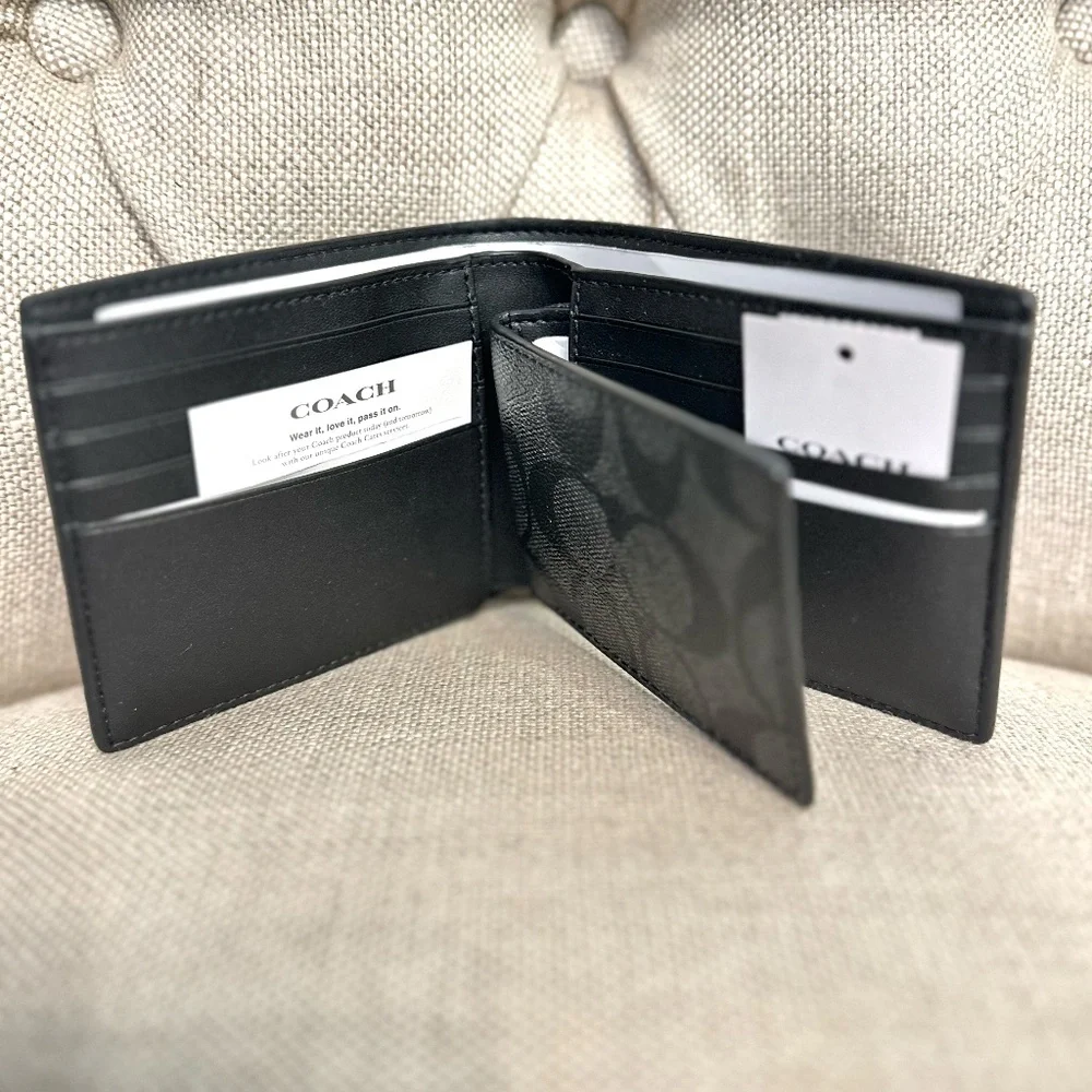 NEW Coach 3 in 1 Men Wallet Signature Canvas Varsity Stripe CW385 Denim/Charcoal - Picture 4 of 7